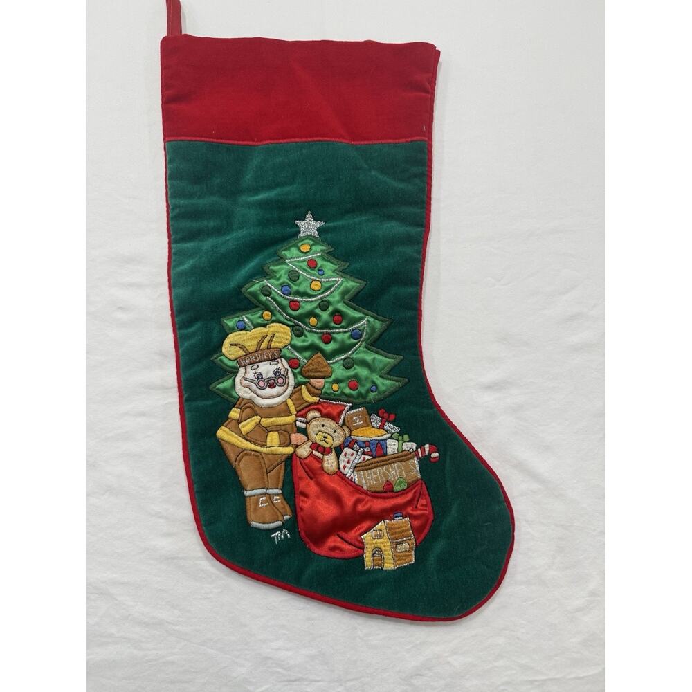 Vintage Hersheys Chocolate Santa Embroidered Christmas Stocking Red Green Velvet